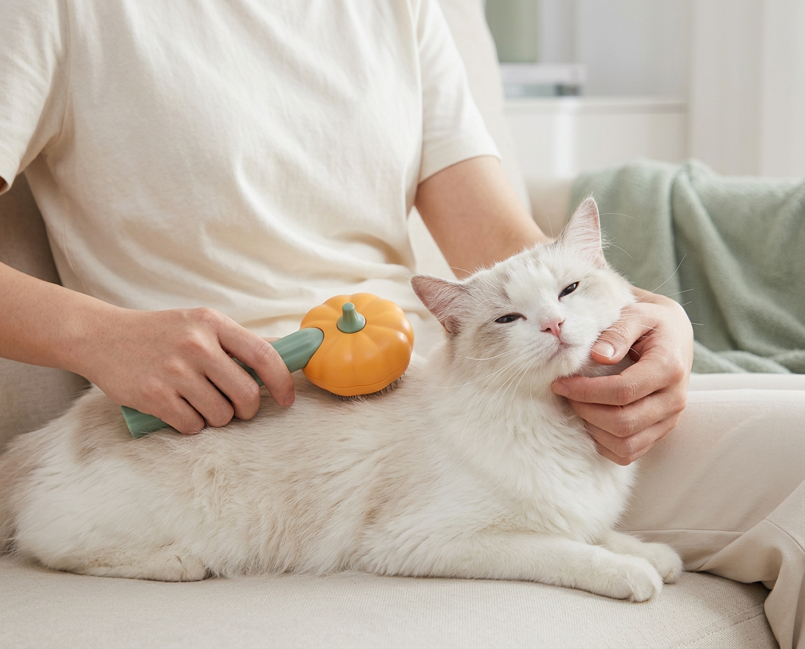 Illustration : un chat blanc se laisse brosser avec la brosse citrouille, tandis qu’une main caresse doucement sa joue
